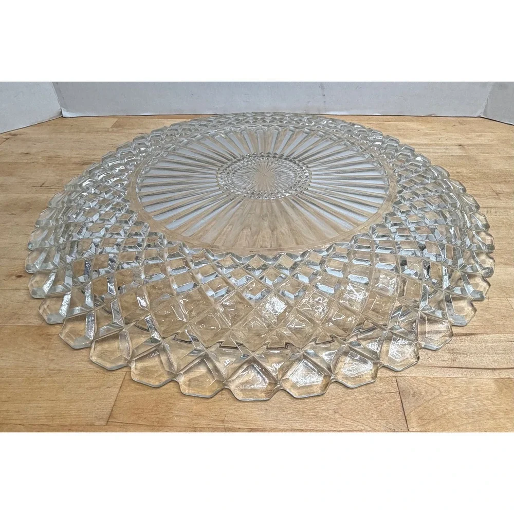 Vintage Clear Pressed Glass Serving Platter Diamond Starburst Holiday 14